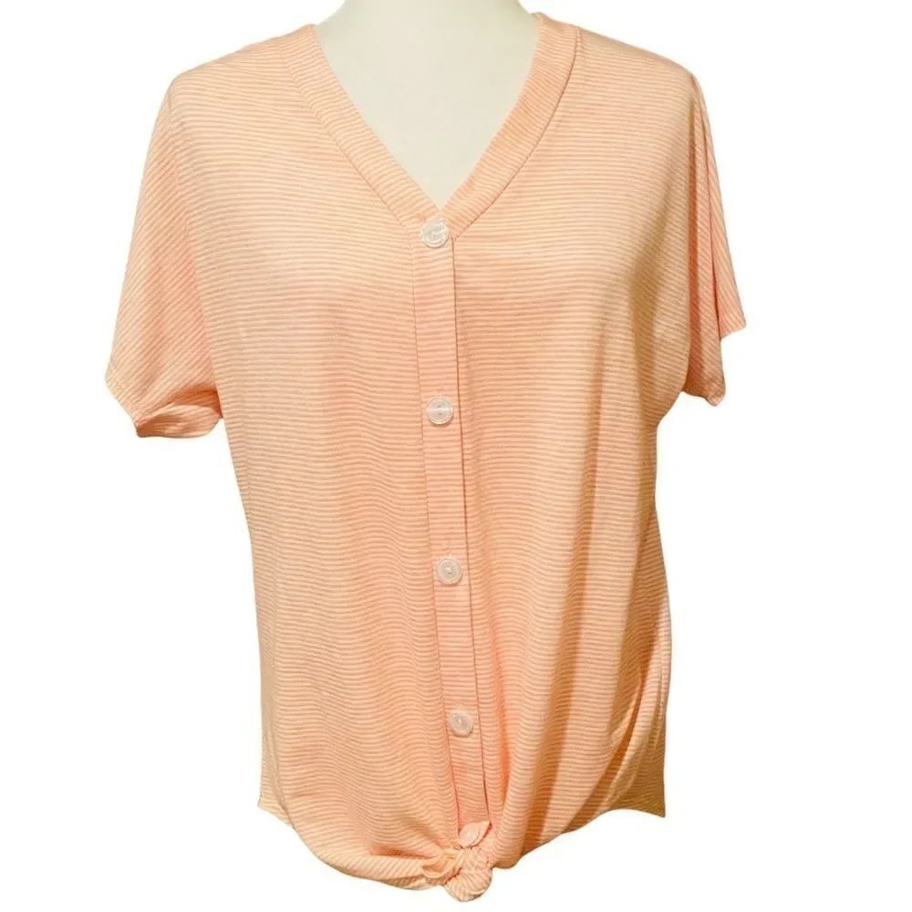 Pink Lily Shortsleeved Pink Striped Shirt Size Medium Front Bottom Knot